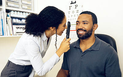 Buy stock photo Patient, eye care and healthcare in clinic with ophthalmoscope to check for glaucoma, ocular services and assessment. Optician, woman and retina analysis for eyesight of happy man with expert tools