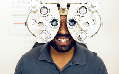 Buy stock photo Eye test, face or happy man consulting to help eyesight at optometrist for a optical assessment. Optometry, wellness or customer in clinic for vision, iris or retina health with machine or phoropter