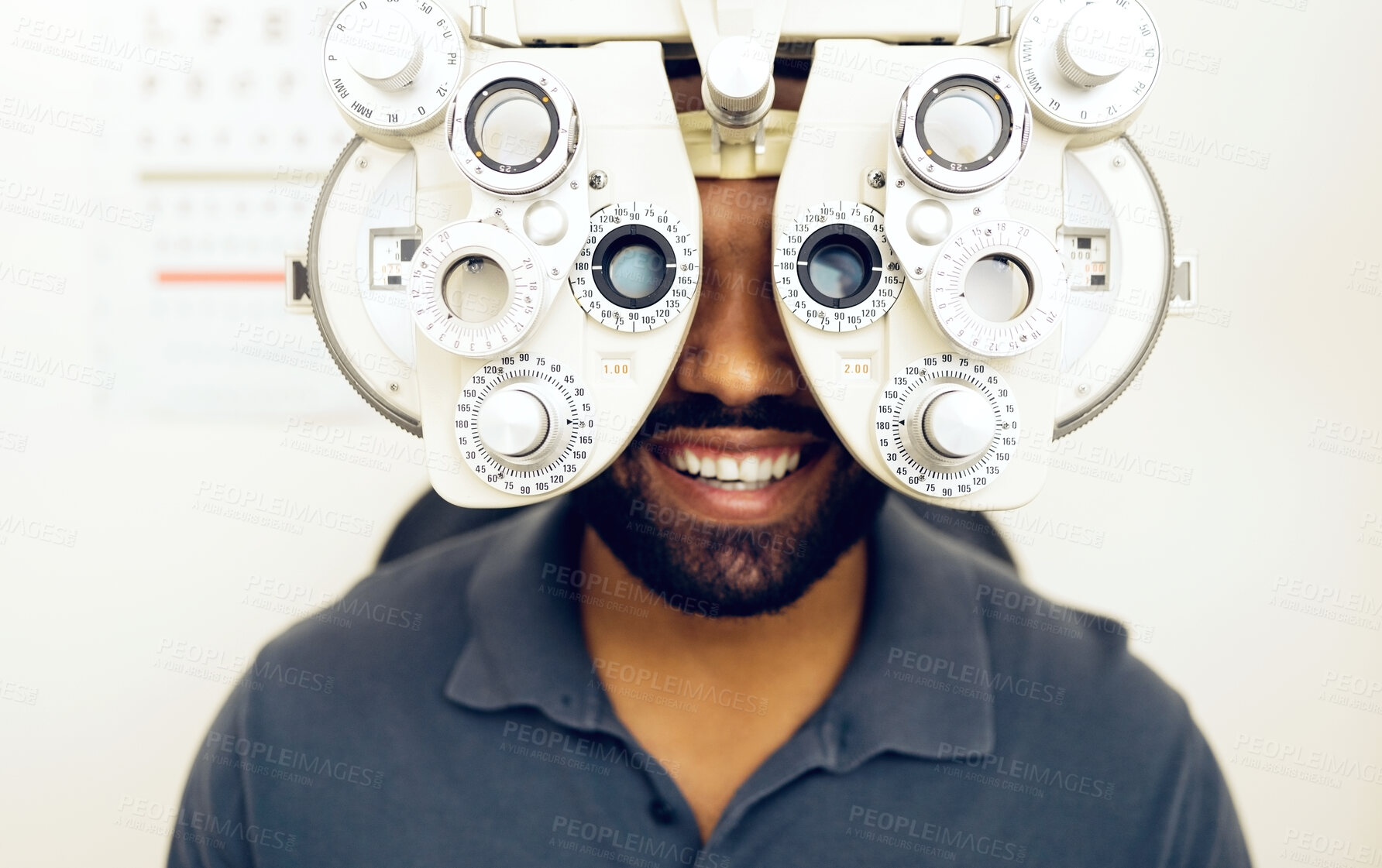 Buy stock photo Eye test, face or happy man consulting to help eyesight at optometrist for a optical assessment. Optometry, wellness or customer in clinic for vision, iris or retina health with machine or phoropter