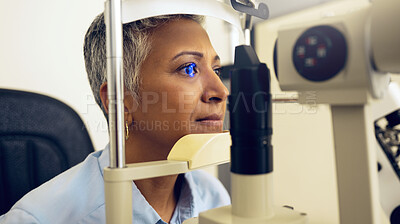 Buy stock photo Eye test, machine and a woman for an optometry problem, scanning retina or surgery at a clinic. Healthcare, ophthalmology and a patient or person with an exam for vision, glasses or lens check