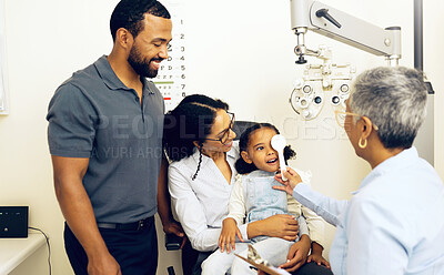 Buy stock photo Family, optometry and eye exam with a woman doctor in a clinic to see a patient for vision assessment. Mother, father and daughter at the optometrist for an appointment to test eyesight for children