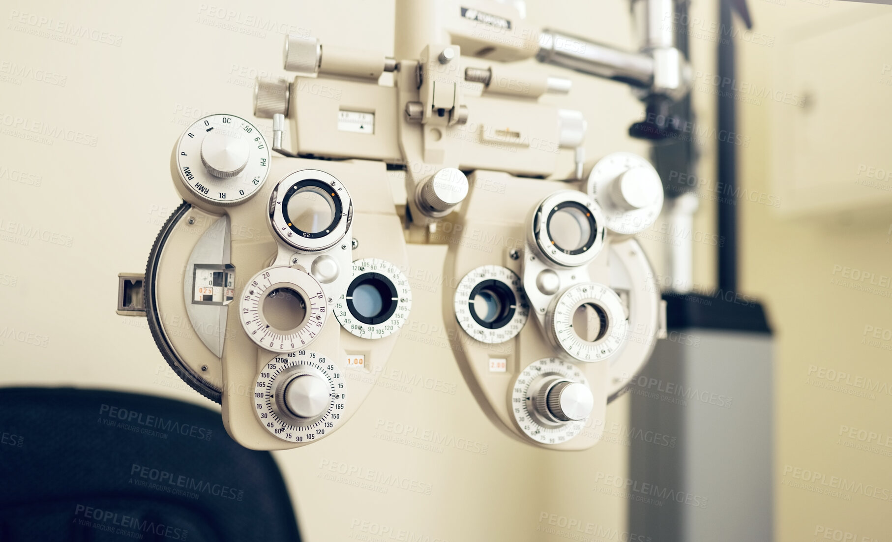 Buy stock photo Eyes assessment, healthcare and tool for vision, focus or test with closeup at optometrist or optometry. Eye care, ophthalmology and ophthalmoscope for medical support, glaucoma or retina testing
 
