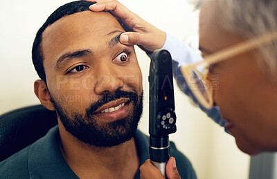 Buy stock photo Vision, patient eyes and optometrist with ophthalmoscope for glaucoma test, ocular healthcare and medical consultation. Optician, eyesight assessment and expert check retina of man with lens tools 