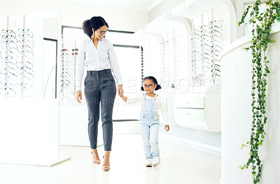 Buy stock photo Eyeglasses store, family holding hands and child shopping for prescription lens, visual product or youth eyewear. Vision wellness, ocular eye care and young kid, mother or customer for glasses sale