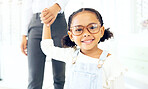 Eyeglasses store, family holding hands and kid girl shopping for prescription lens, discount product deal or youth eyewear. Vision, eye care and young retail child, parent or client for glasses sales