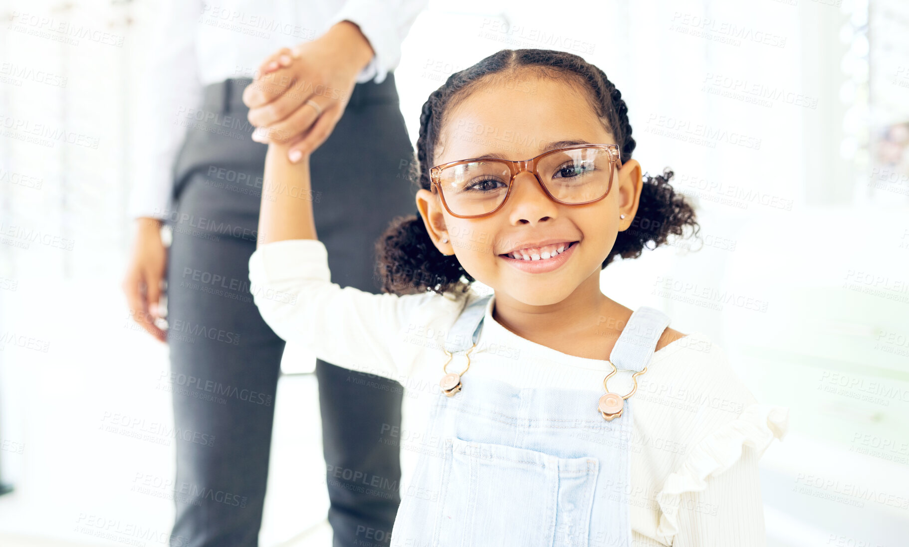 Buy stock photo Eyeglasses store, family holding hands and kid girl shopping for prescription lens, discount product deal or youth eyewear. Vision, eye care and young retail child, parent or client for glasses sales