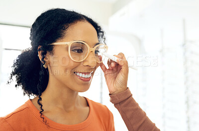 Buy stock photo Hand, marker and optometrist writing on glasses of woman for prescription lens, frame or shopping in store. Smile, optician and measure pupils on spectacles, eye health or vision exam in consultation