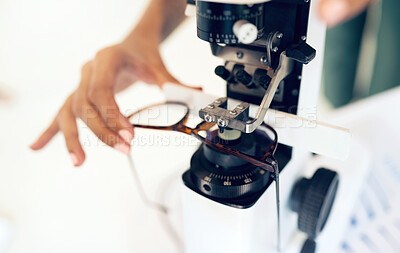 Buy stock photo Lens, glasses or hand with tool for eye care, vision and focus with closeup at optometrist or optometry. Eye care, ophthalmology and healthcare for medical support, eyewear or spectacles to see
 
