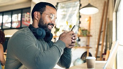 Buy stock photo Remote work, cafe and man with a phone for a chat, communication or online search. Smile, entrepreneur or freelance worker typing on a mobile app at a coffee shop for contact, internet or connection