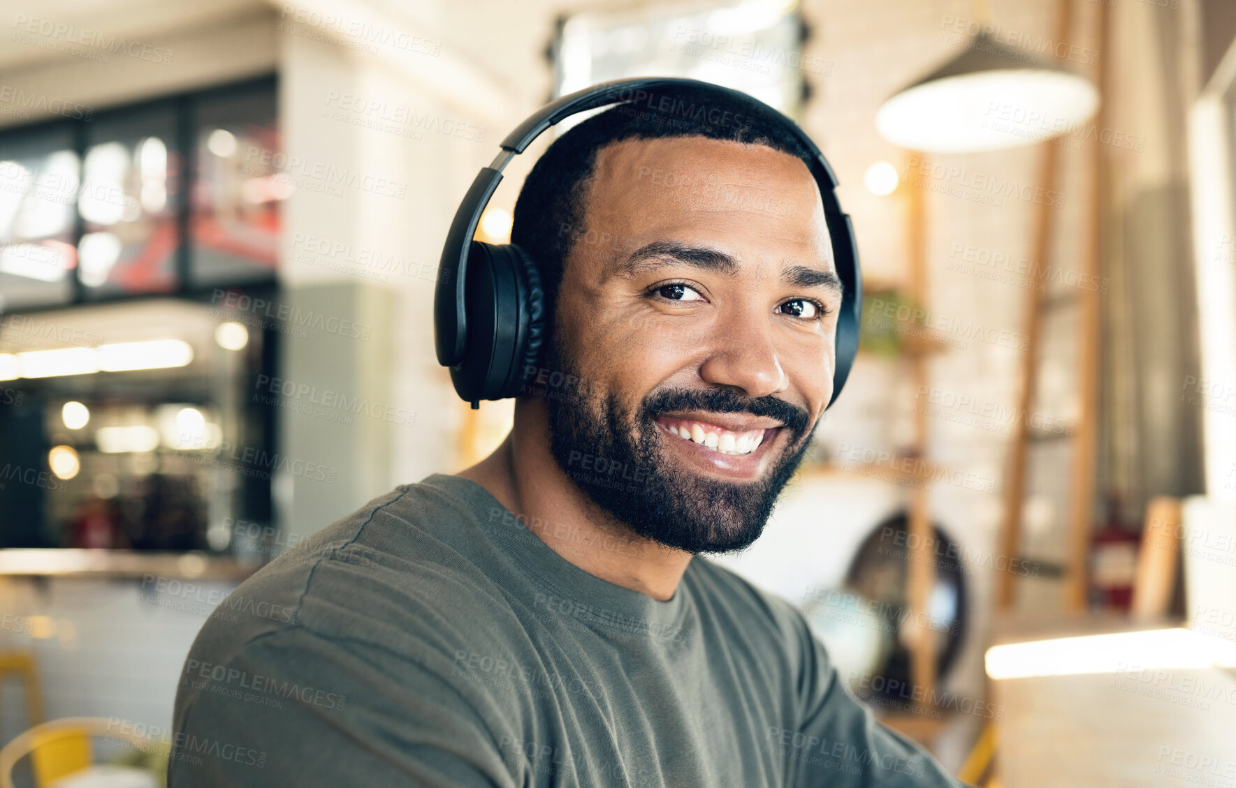 Buy stock photo Portrait, smile and man in headphones in home for listening to music, streaming media on internet or audio. Happy face, radio and person hearing sound, podcast and jazz song on technology for freedom