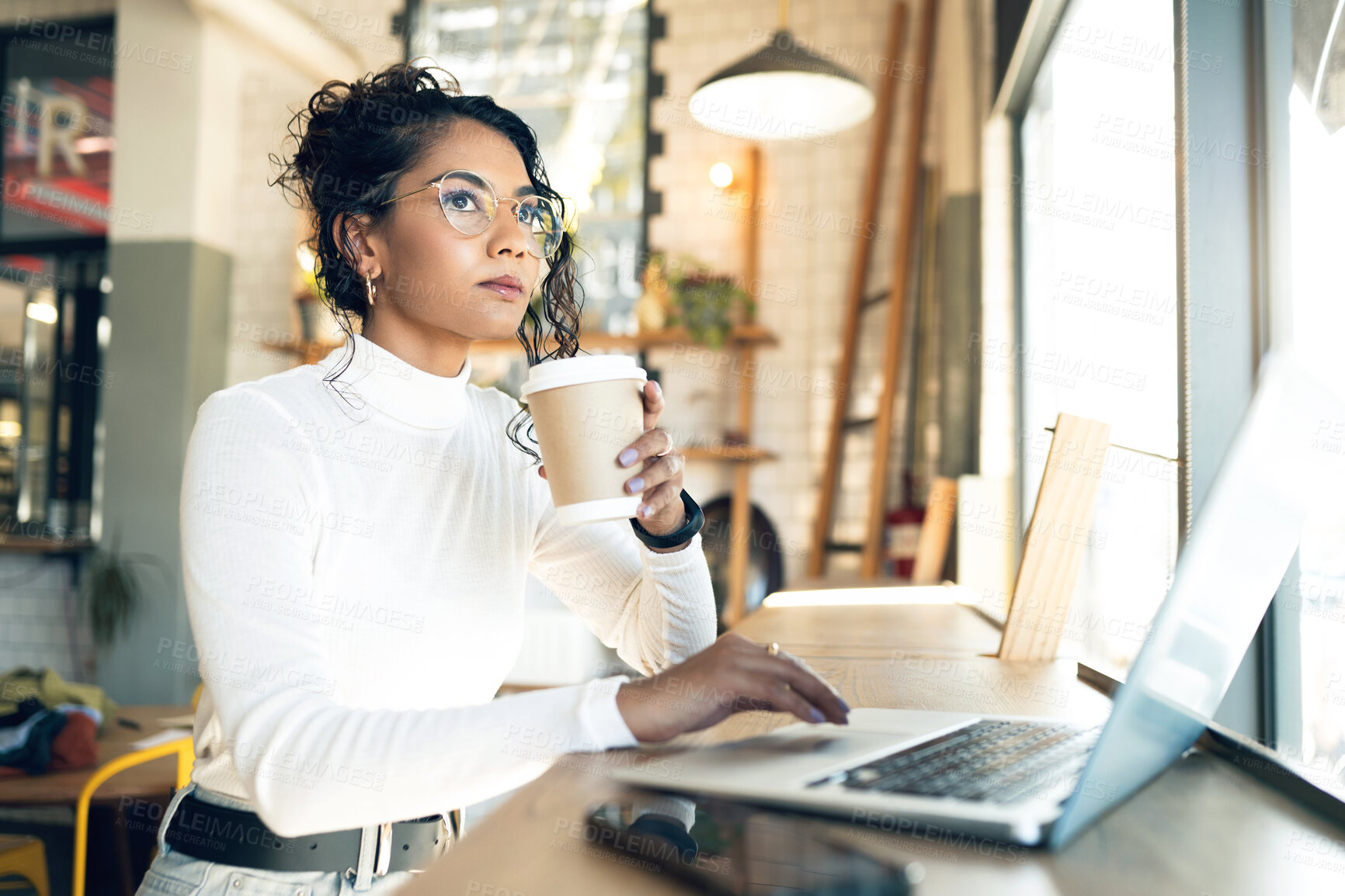 Buy stock photo Laptop, thinking or remote work in a coffee shop with a digital marketing woman in a restaurant for research. Computer, idea and a young freelance employee in a cafe or restaurant as a startup worker