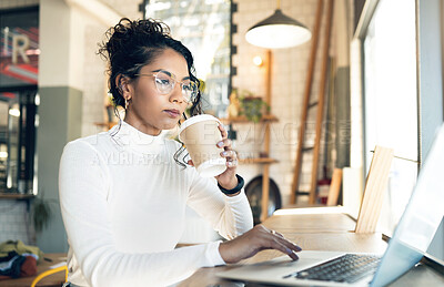 Buy stock photo Laptop, coffee shop and remote work with a digital marketing woman in a restaurant for research. Computer, small business and a young freelance employee thinking in a cafe as a startup worker