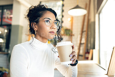 Buy stock photo Woman in cafe, thinking and future, coffee and young student search for inspiration and insight. Latte drink, knowledge and ideas, memory or reflection on life with mindfulness on a break at diner