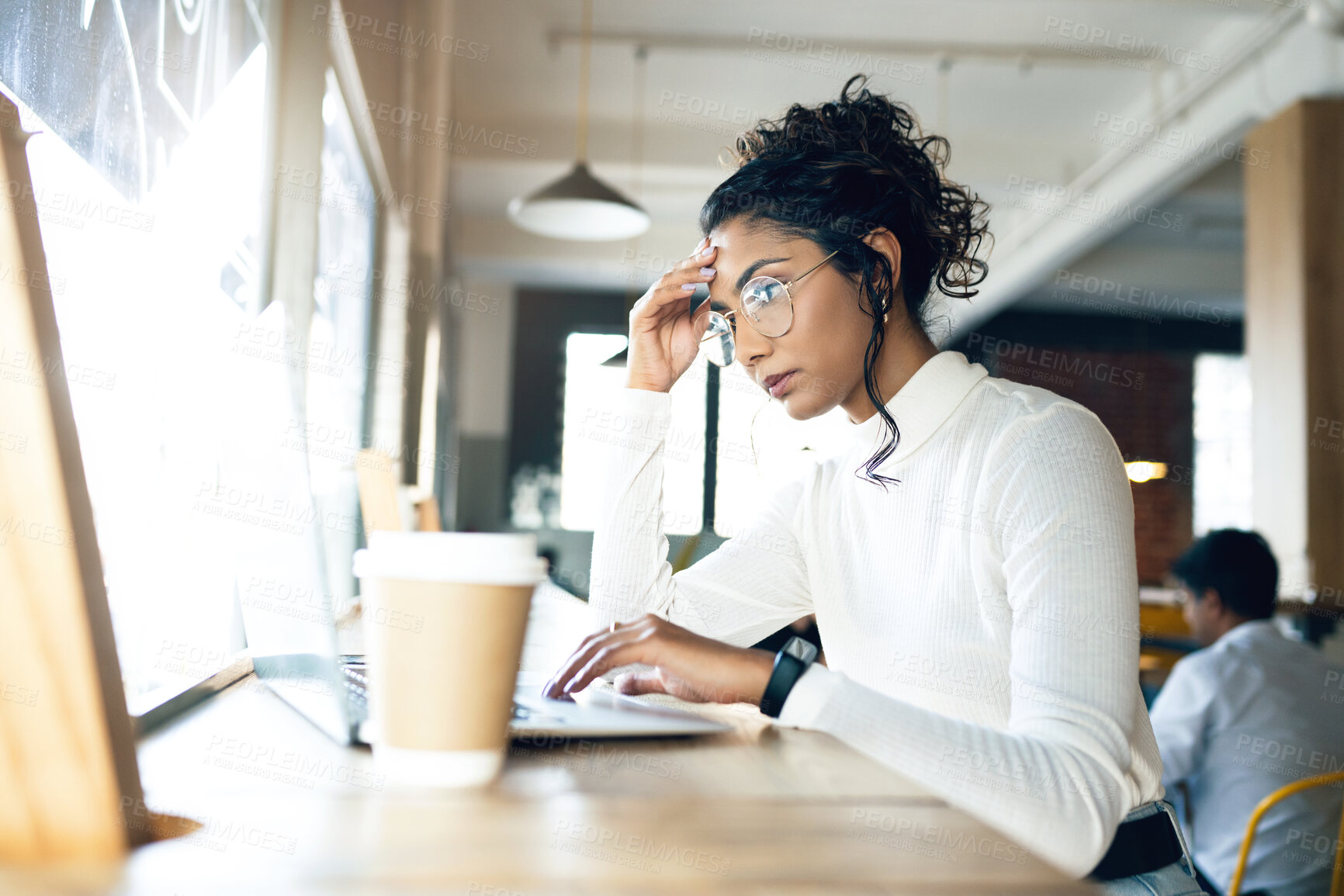 Buy stock photo Woman, laptop and headache in coffee shop for remote work, job search or bad news of startup career, debt or loan. Freelancer person with stress, worry or confused for research on computer at cafe