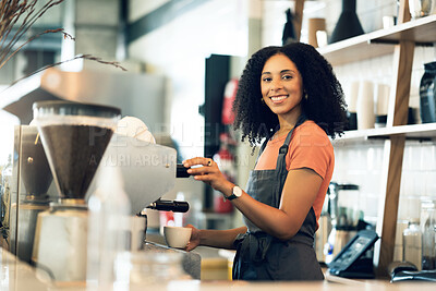 Buy stock photo Happy woman, cafe and portrait of barista in small business, cappuccino or latte at coffee shop. Female person or waitress smile in retail service making tea, drink or beverage at store or restaurant