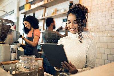 Buy stock photo Happy woman, tablet and small business at cafe in management, network or ownership at coffee shop. Female person, entrepreneur or restaurant owner smile with technology, team and barista in store