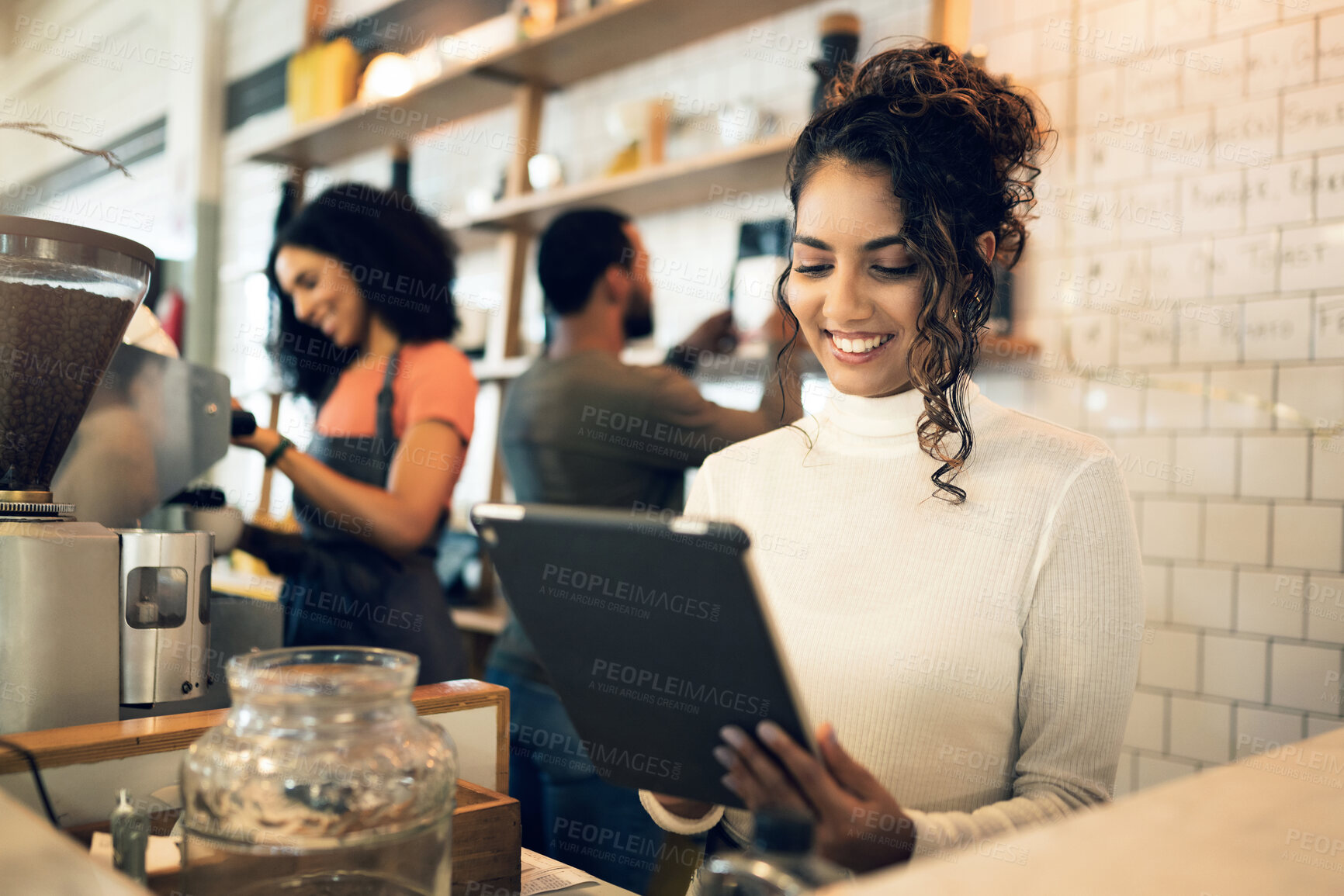 Buy stock photo Happy woman, tablet and small business at cafe in management, network or ownership at coffee shop. Female person, entrepreneur or restaurant owner smile with technology, team and barista in store