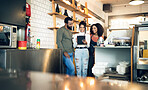 Happy woman, tablet and team in cafe for inventory, meeting or planning together at coffee shop. Female person, entrepreneur or restaurant owner smile in teamwork on technology at retail store