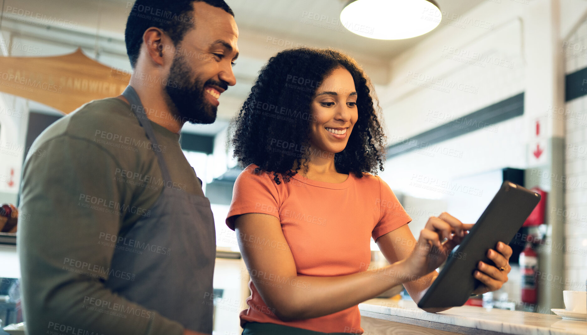 Buy stock photo Happy woman, tablet and team at cafe in small business management, leadership or collaboration at coffee shop. Female person smile in teamwork with technology for managing restaurant or retail store