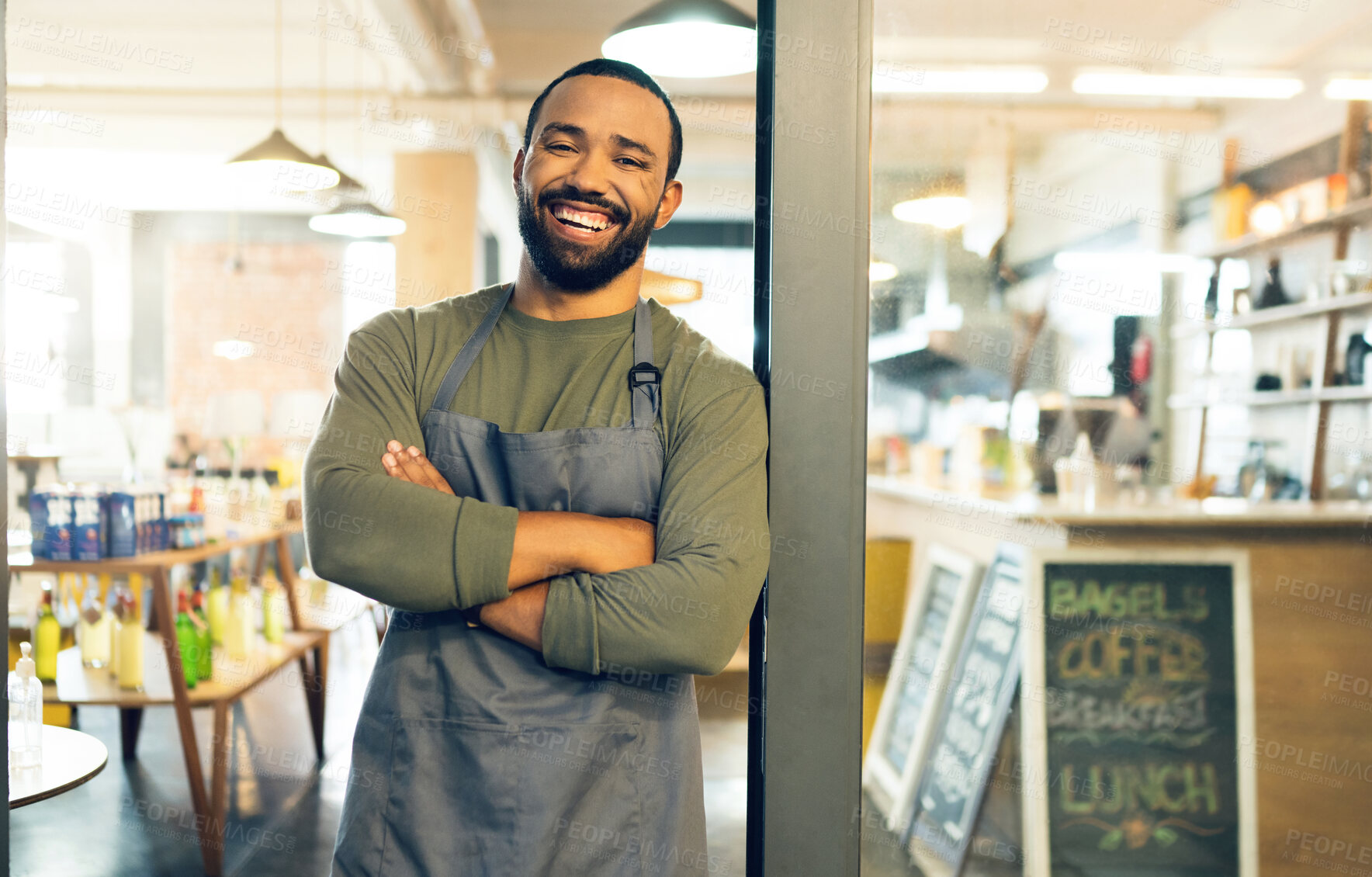 Buy stock photo Happy man, portrait and small business cafe on door with arms crossed in confidence or retail management. Male person, barista or waiter smile by entrance of coffee shop, store or ready for service