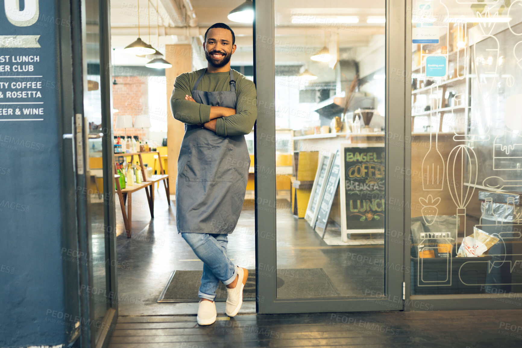 Buy stock photo Happy man, portrait and small business owner on door of cafe with arms crossed in confidence or retail management. Male person, barista or waiter smile by entrance of coffee shop or ready for service