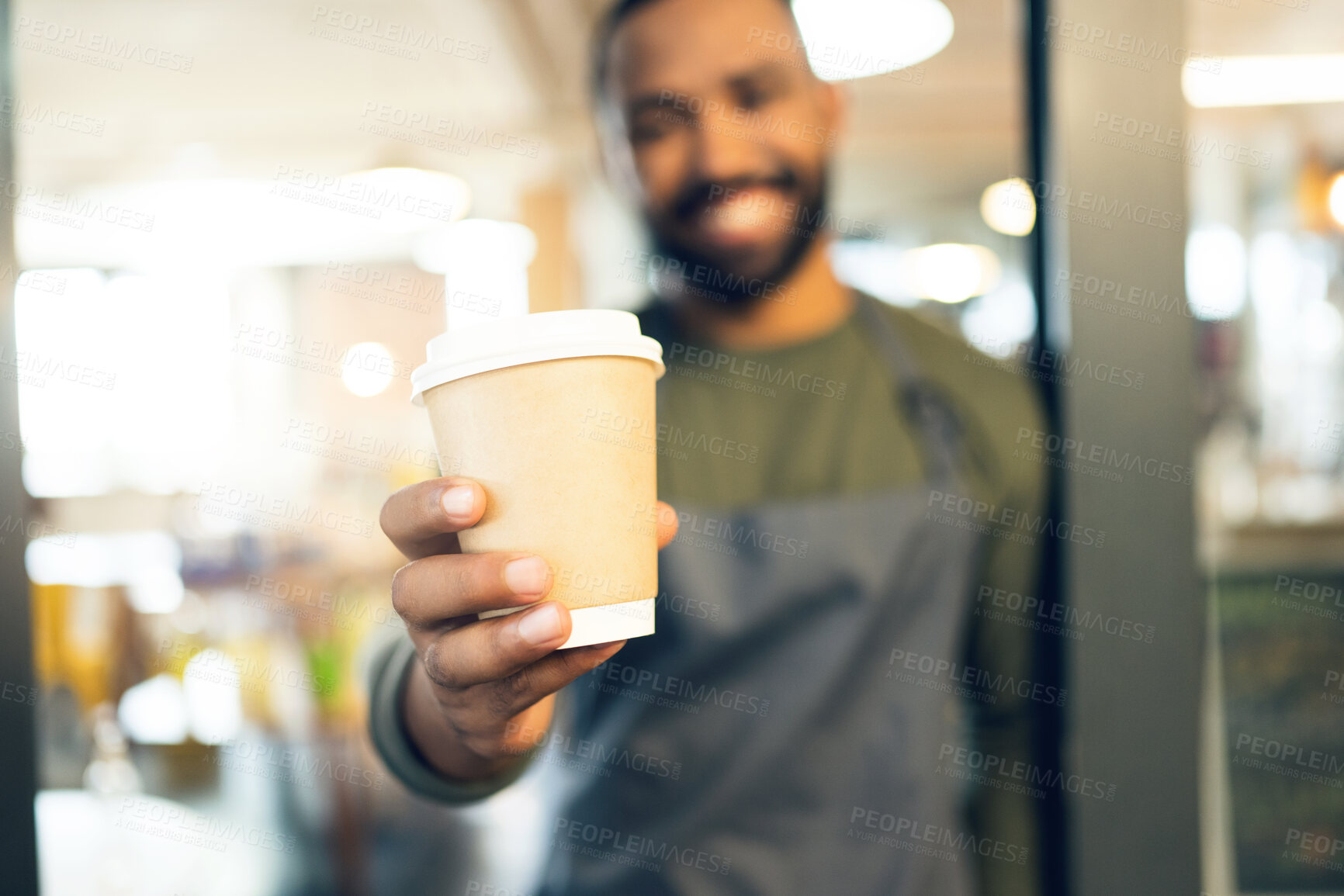 Buy stock photo Coffee cup, hands and waiter in cafe offer drink, warm beverage and catering for hospitality services in startup. Closeup, restaurant barista and shop owner giving take away order of hot cappuccino 