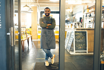 Buy stock photo Happy man, portrait and professional in small business cafe with arms crossed in confidence or retail management. Male person, barista or waiter smile by entrance of coffee shop, store or restaurant