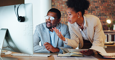 Buy stock photo Collaboration, confused and a mentor with an employee in the office at night for project management. Computer, teamwork or planning with a problem solving business man and woman working together