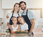 Family, portrait and smile for cooking food in kitchen with vegetables for lunch, diet and nutrition. Happy parents and children, food and ingredients for meal prep, healthy and teaching the kids