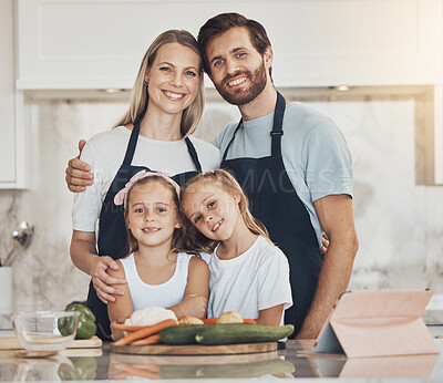 Buy stock photo Family, portrait and smile for cooking food in kitchen with vegetables for lunch, diet and nutrition. Happy parents and children, food and ingredients for meal prep, healthy and teaching the kids