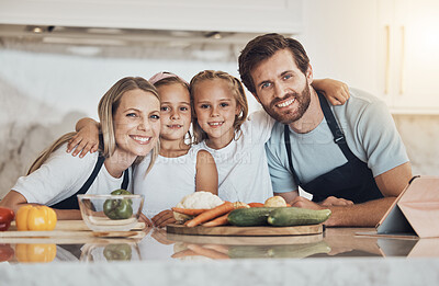 Buy stock photo Love, portrait and family cooking in kitchen together for bonding and preparing dinner, lunch or supper. Happy, smile and girl children and parents with vegetables or ingredients for meal at home.