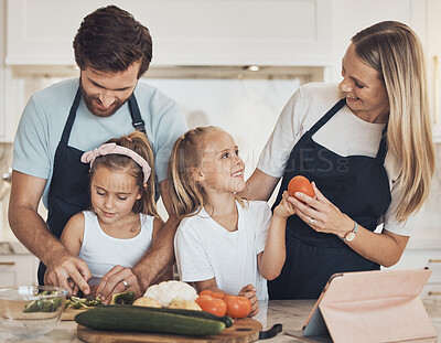 Buy stock photo Vegetables, cooking and family in kitchen together for bonding and preparing dinner, lunch or supper. Happy, smile and girl children cutting ingredients with parents for a healthy diet meal at home.