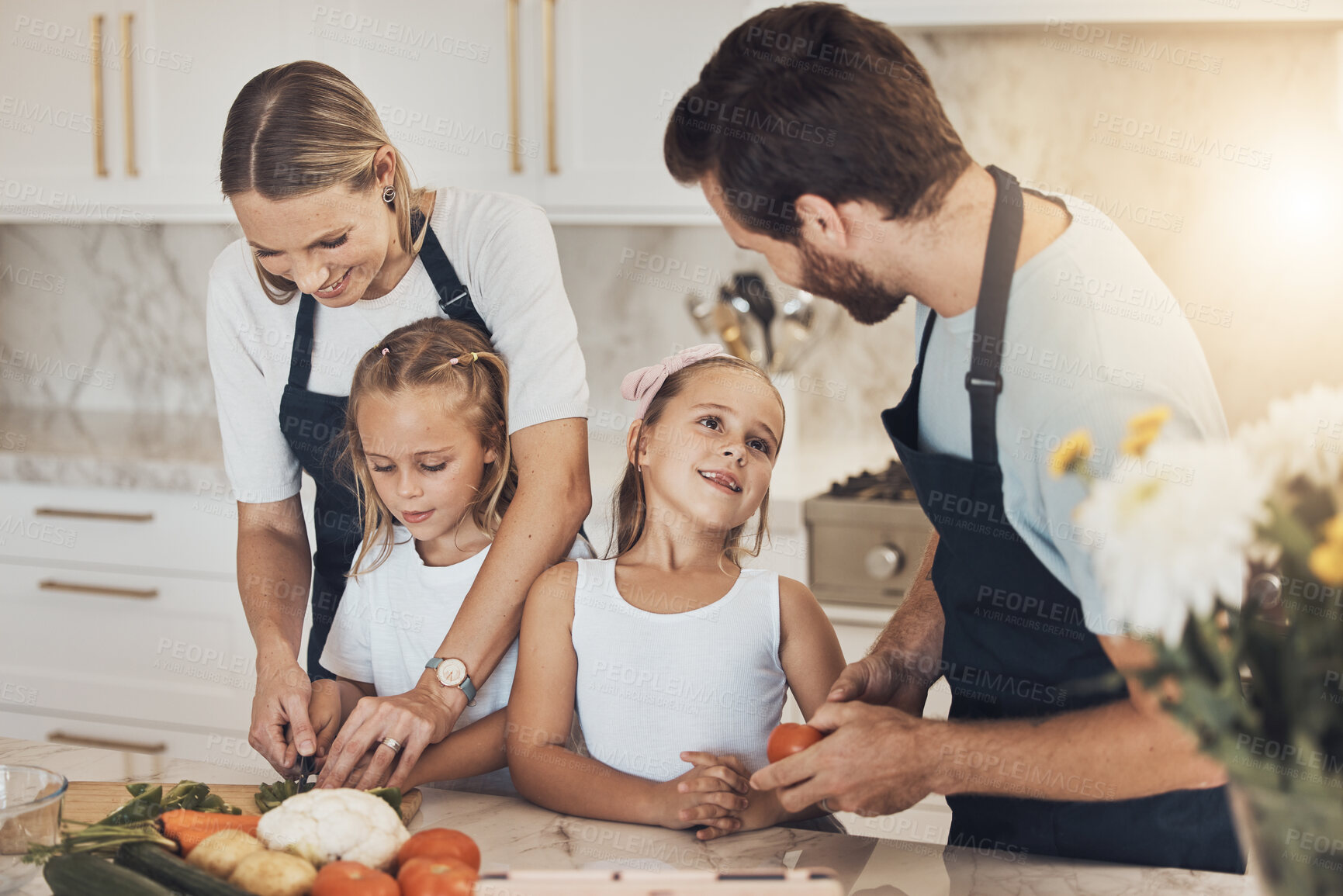 Buy stock photo Kids, learning and happy family cooking in home, kitchen or together for dinner, food and healthy diet. Teaching, nutrition and chef parents with children for preparation of vegetables or lunch