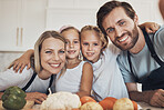 Selfie, cooking and family in the kitchen together for bonding and preparing dinner, lunch or supper. Happy, smile and girl children cutting vegetables or ingredients with parents for a meal at home.