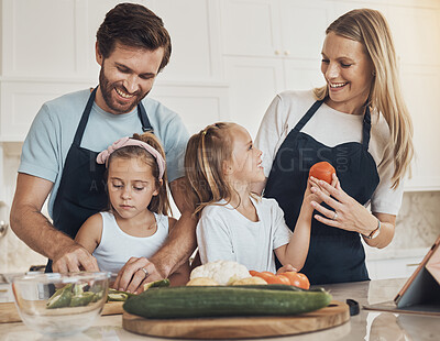 Buy stock photo Happy family, together and bond in kitchen by cooking with preparation, vegan diet and dinner. Children, parents and helping with meal, quality time and nutrition with smile learning and teaching