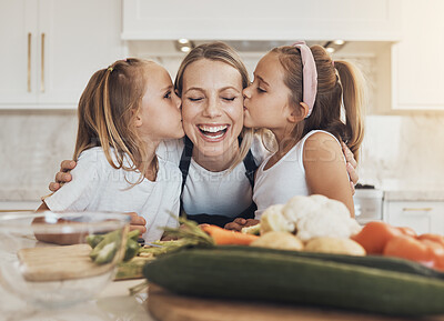 Buy stock photo Home, cooking and mother with children, kissing and care with bonding, healthy food and weekend break. Family, mama or children with mom, kids and ingredients with a smile, kitchen or relax with love