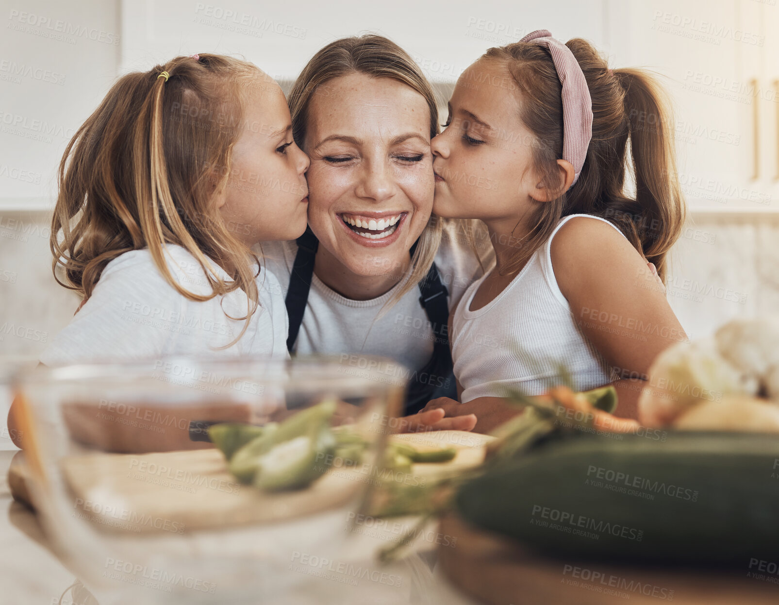 Buy stock photo Kitchen, cooking and mother with kids, kissing and smile with bonding, happiness and ingredients. Family, mama or children with mom, girls or weekend break with love, home or care with healthy food