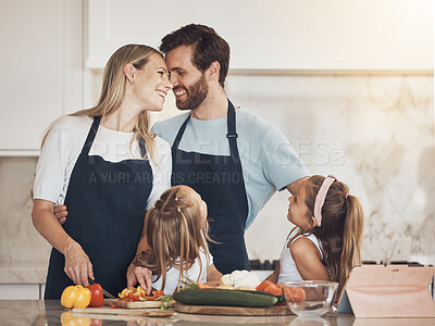 Buy stock photo Cooking, kids or happy parents with food or siblings for a healthy vegan diet in a family house. Smile, vegetables or mom bonding in kitchen with father or children learning a dinner recipe together