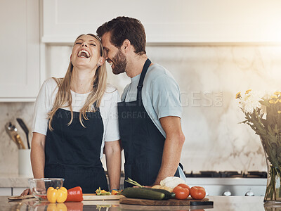 Buy stock photo Funny, kitchen and couple with a smile, cooking and bonding with love, happiness and lunch. Home, man and woman with humor, food and ingredients with health, wellness and marriage with relationship