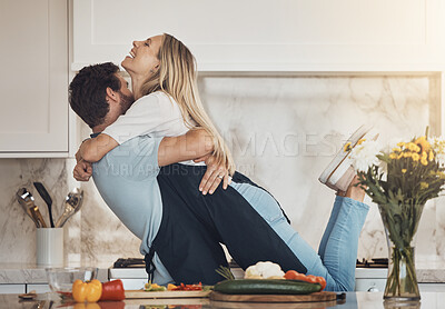 Buy stock photo Cooking, hug or happy couple with support or food for a healthy vegan diet, supper or meal together at home. Smile, laugh or woman in kitchen to bond with wellness or man at dinner for lunch or love