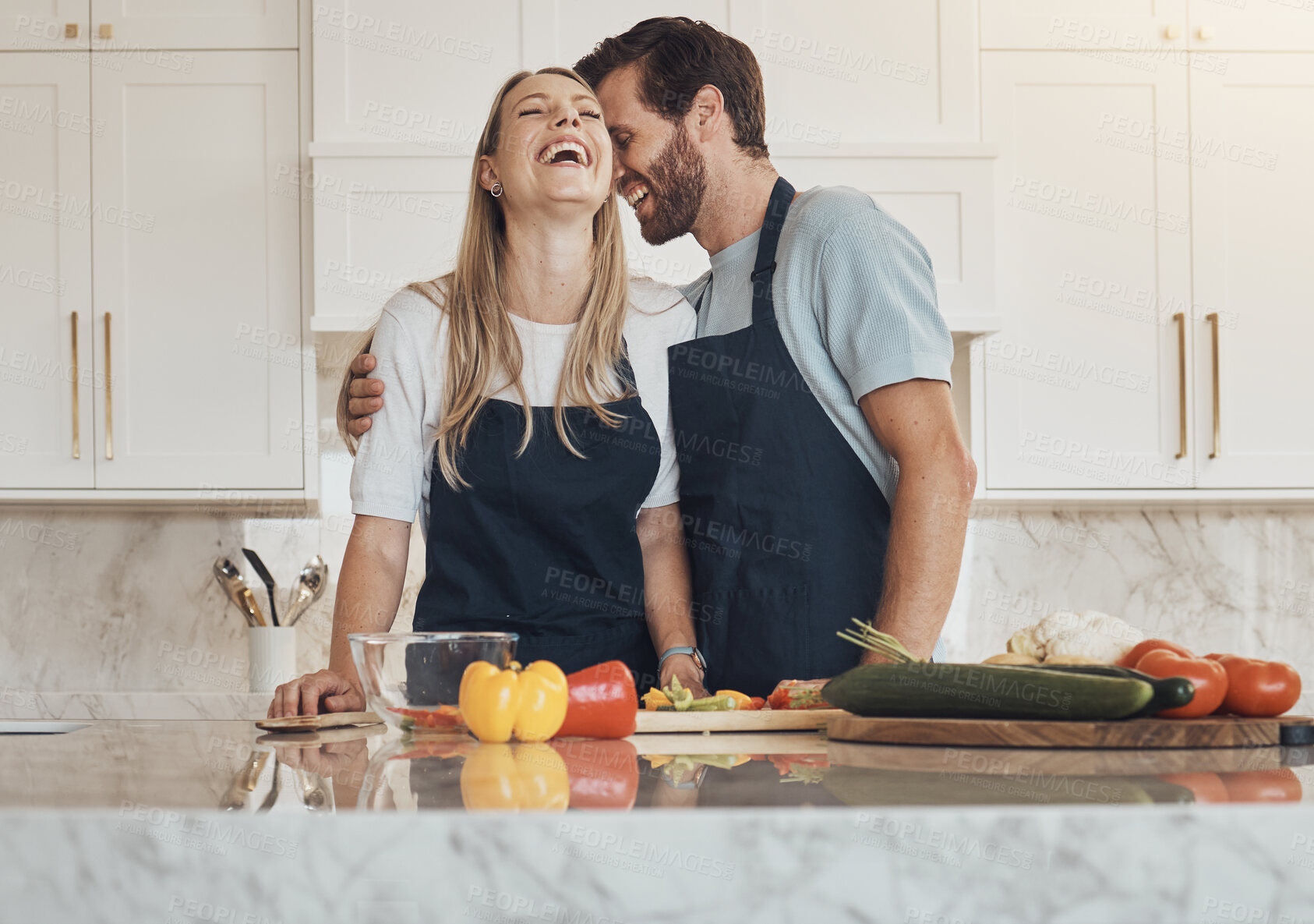 Buy stock photo Funny, kitchen and couple with happiness, cooking and bonding with love, weekend break and lunch. Home, happy man and woman with humor, food and ingredients with health, marriage and relationship