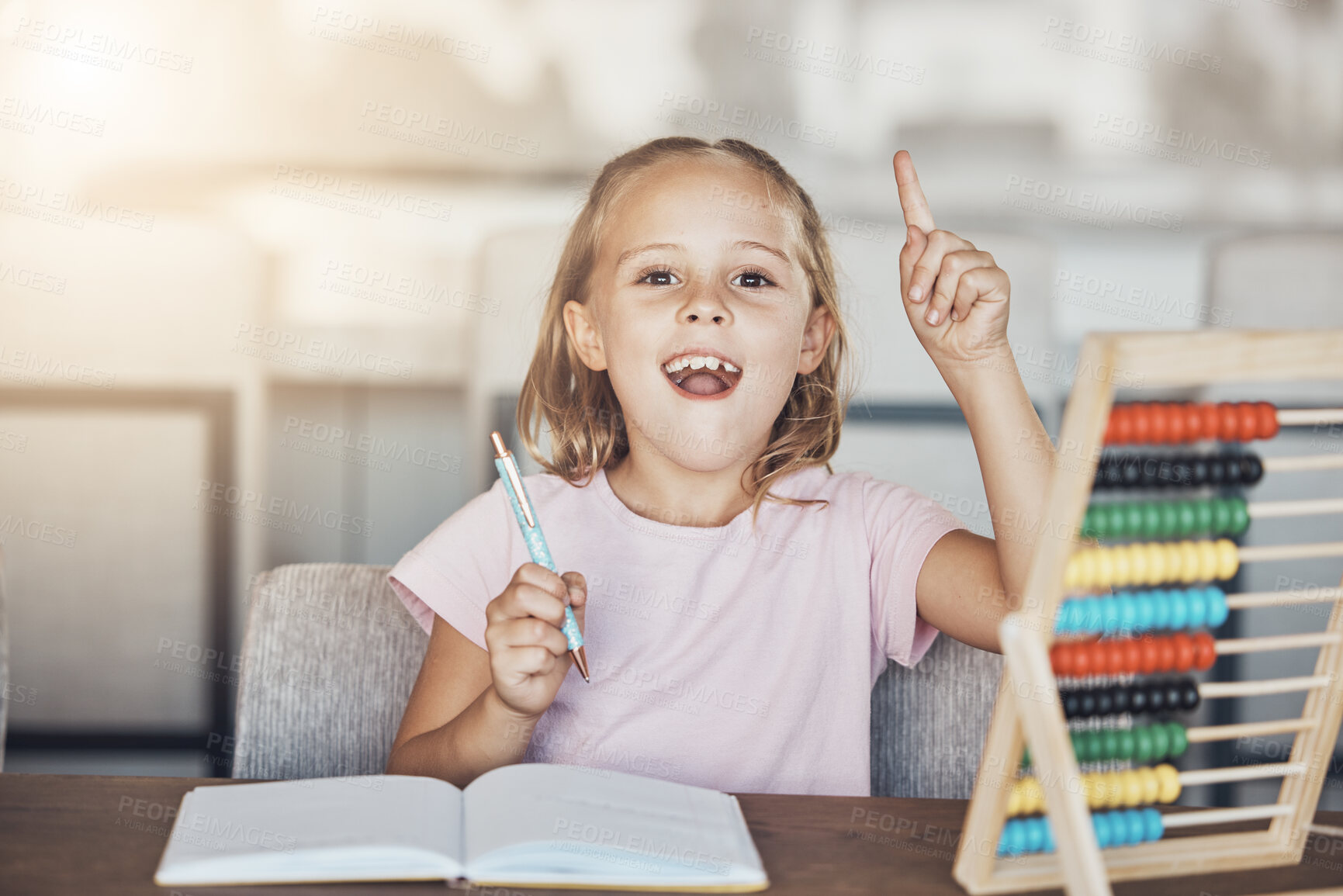 Buy stock photo Answer, homework and portrait of girl with abacus for learning mathematics, counting and studying. Education, school and happy kid with notebook for child development, knowledge and lesson at home