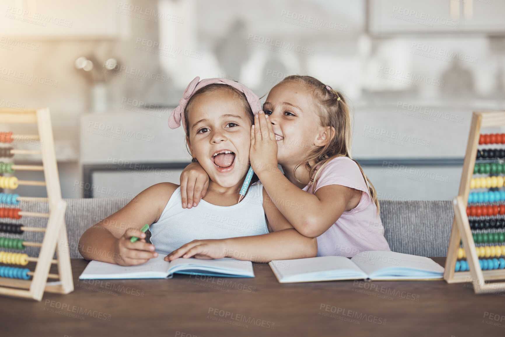 Buy stock photo Portrait, student and kids whisper secret in home school, learning news and study. Face, gossip in ear and wow, shock or hearing story of education, listening to confidential conversation and happy 