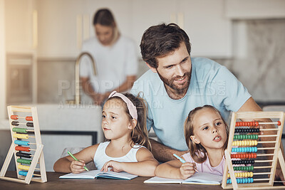 Buy stock photo Family, father help children and education, math and abacus for learning with homework, writing and counting at home. Teaching, support and notebook, young girl kids with man and knowledge for growth