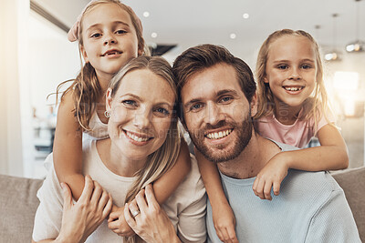 Buy stock photo Home, portrait and family with children, parents and happiness with joy, fun and support on a weekend break. Face, happy mother and father with kids and relax with care, smile or cheerful in a lounge