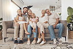 Big family, smile and portrait in home living room, support and bonding together. Happy parents, grandparents and kids on sofa for connection, love children and care in healthy relationship in house