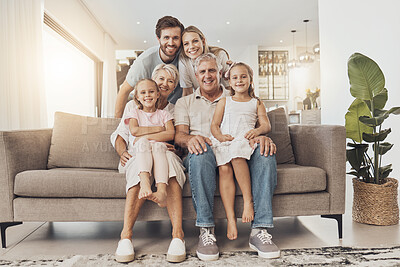 Buy stock photo Big family, smile and portrait in home living room, support and bonding together. Happy parents, grandparents and kids on sofa for connection, love children and care in healthy relationship in house