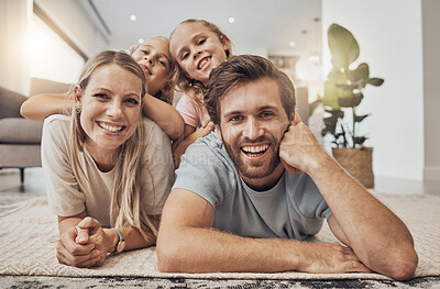 Buy stock photo Home, portrait and family with girls on the floor, relax and happiness with joy,  cheerful and weekend break. Children, mother or father with kids on the ground, calm or care with a smile in a lounge