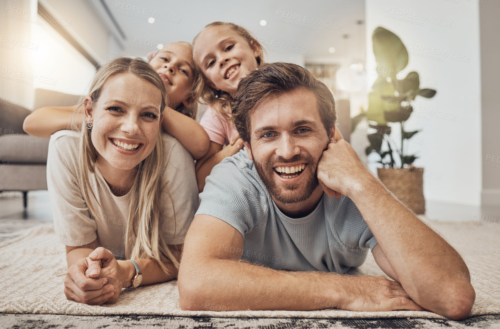 Buy stock photo Home, portrait and family with girls on the floor, relax and happiness with joy,  cheerful and weekend break. Children, mother or father with kids on the ground, calm or care with a smile in a lounge