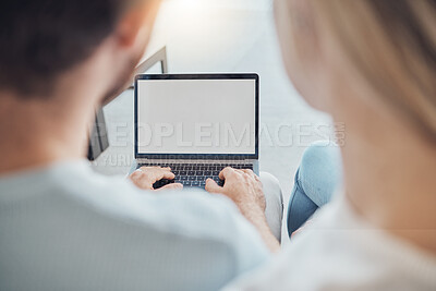 Buy stock photo Couple, laptop screen and home planning, research or typing online for asset management or loan information. People, back and computer mockup or advertising space for website sign up or registration